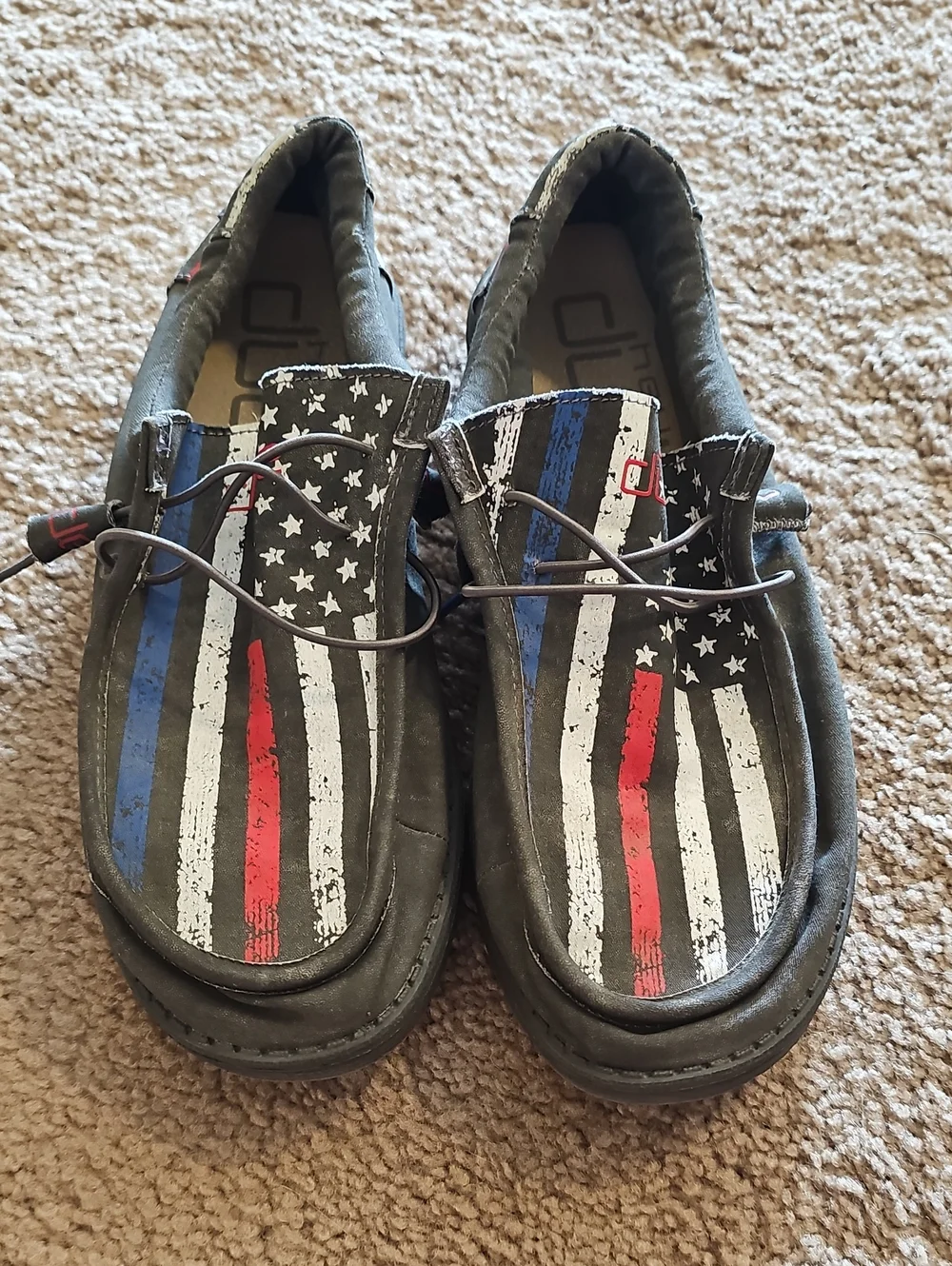 Hey Dude Men's Black Slip-On Loafers with Red & Blue Flag Stripes